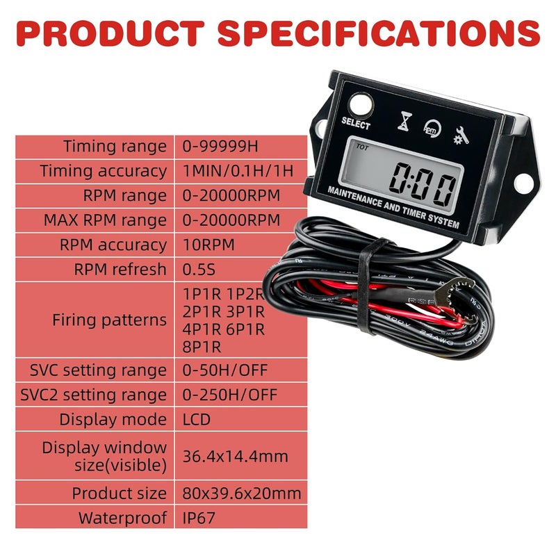 RileyFine RQ-HM026C Digital Tachometer, Total Hours, SVC Reminders,Waterproof IP68, for Gasoline Engine Equipment Such as Lawn Mowers, Tractors, Jet Skiers, Marine Boats, Outboard Engines (Black) - Image 3
